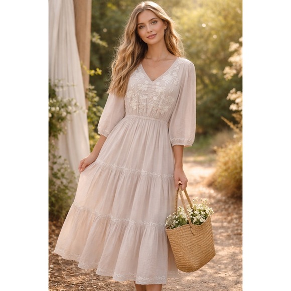 Lucky Brand Dresses & Skirts - Lucky Brand Romantic Boho Cottagecore Embroidered Dress Size L Prairie Ruffle